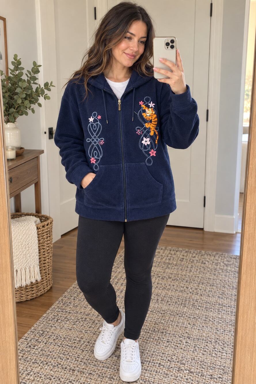 Disney Tigger Winnie the Pooh Fleece Zip Hoodie Jacket W's XL Navy Embroidered